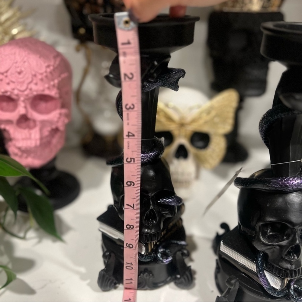 New Spooky Halloween Large Black Skull Spells Snake Candle Holder Decor Set of 2 - Picture 8 of 8